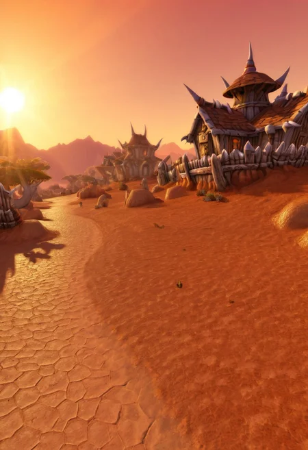 Durotar, landscape, desert, highly detailed, photorealistic, depth of field, lense flare, house <lora:Durotar-06:0.8>