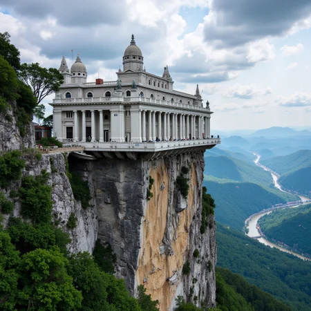 A majestic floating city, built on a massive clifftop. The city has a grand, neoclassical architectural style with white marble columns and domes. The undercroppings of the cliff are detailed with intricate stonework and support structures. Lush green valleys and a winding river stretch out below, with distant mountains in the background. The sky is filled with dramatic clouds.