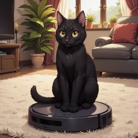 The adult black cat sitting on the robotic vacuum cleaner on the carpet in the living room. fca_style, <lora:fca_style_3_3b:1>