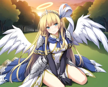 agnes,eushully,armor,tiara,gloves,cowboy shot,1girl,hetero,blonde hair,blue eyes,very long hair,bare legs,aroused,medium breasts,blush,park,parted lips,sunset,angel wings,feathered wings,angel,halo,<lora:Eushully_Agnes:1>,smile,kneeling, hands on lap, head tilt,, score_9, score_8_up, score_7_up,source_anime,(masterpiece),(best quality),(ultra-detailed),(best illustration),(best shadow),(absurdres),(detailed background),(very aesthetic),source_anime
