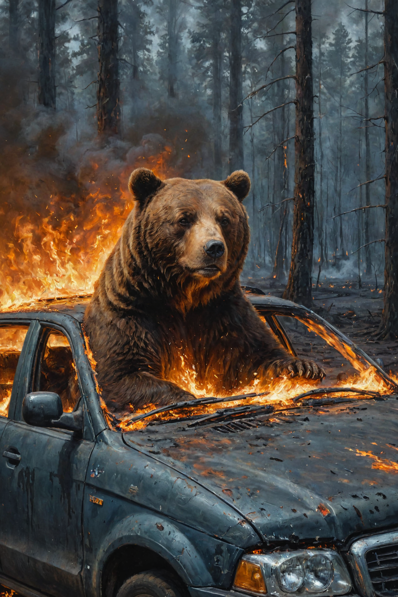 bear siting in burning car, sparks, dark forest, middle shot
(oil painting:0.1),
<lora:ClassipeintXL1.9:0.4> ,best quality, high resolution, extreme detail, outstanding composition, masterpiece,