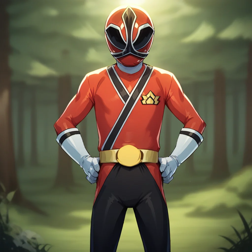 score_9_up, score_8_up, BREAK, RedRangerSamurai, 1boy, solo, helmet, red bodysuit, black legwear, white gloves, cowboy shot, hands on own hips, <lora:RedRanger_SamuraiRangers_PXL_Leaf2:1>, forest,