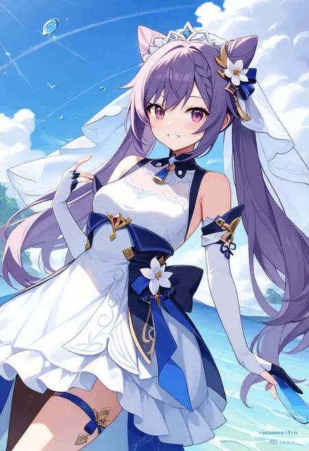 score_9, score_8_up, score_7_up, source_anime, best quality, masterpiece, 1girl, solo, smile. dutch angle, outdoors, sky,
keqingcs, purple hair, cone hair bun, purple eyes, long hair, double bun, braid, twintails, 
white veil, white dress, blue straps, pendant, white elbow gloves, fingerless gloves, thighlet, asymmetrical legwear