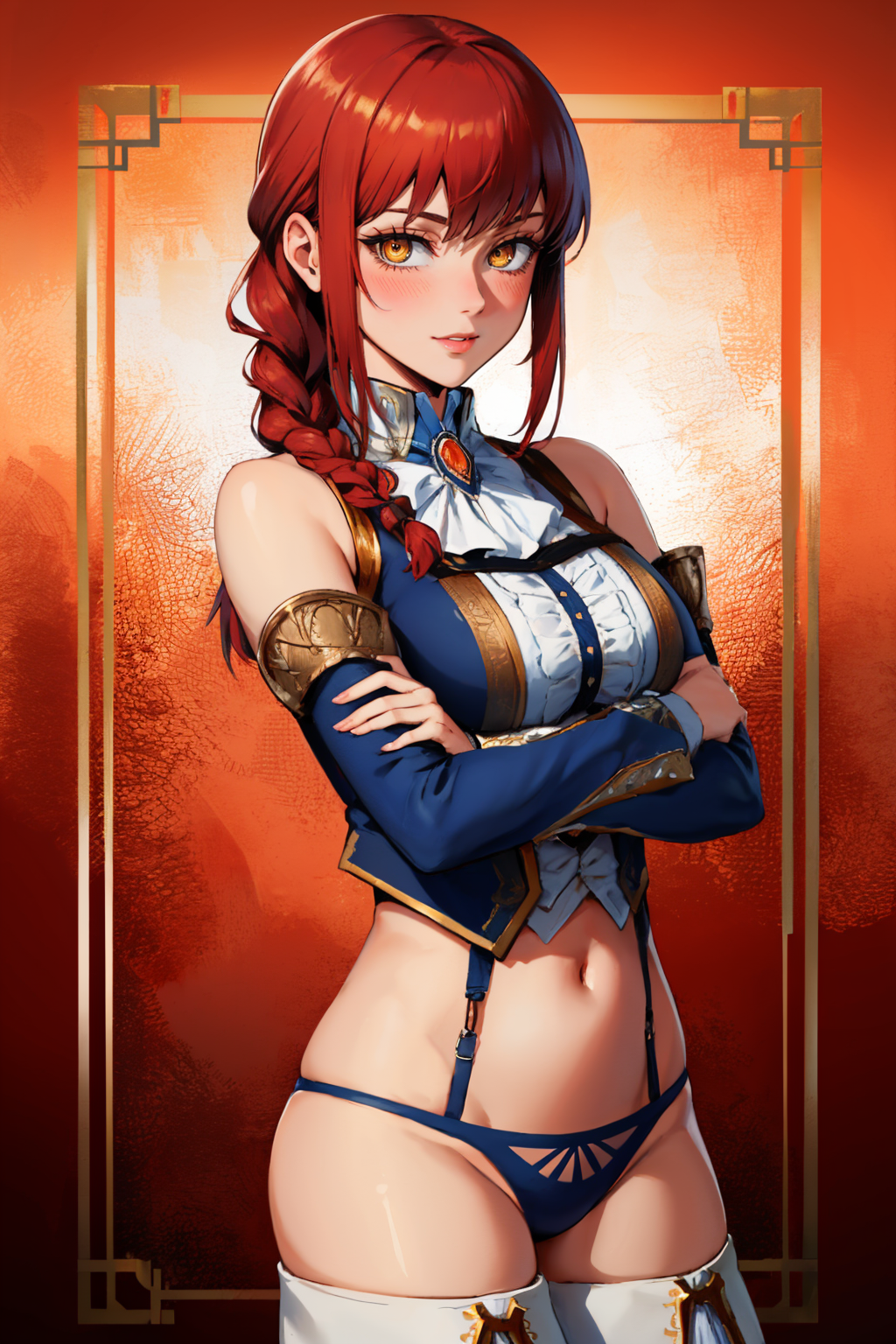 masterpiece, best quality, pattern background, blush, cowboy shot, looking at viewer, smile, assertive female, confidant, arms crossed
<lora:csm_makima-10:0.8> makima, braided ponytail, ringed eyes, 
<lora:zs_CoronetArmor:1> p4coronetarmor