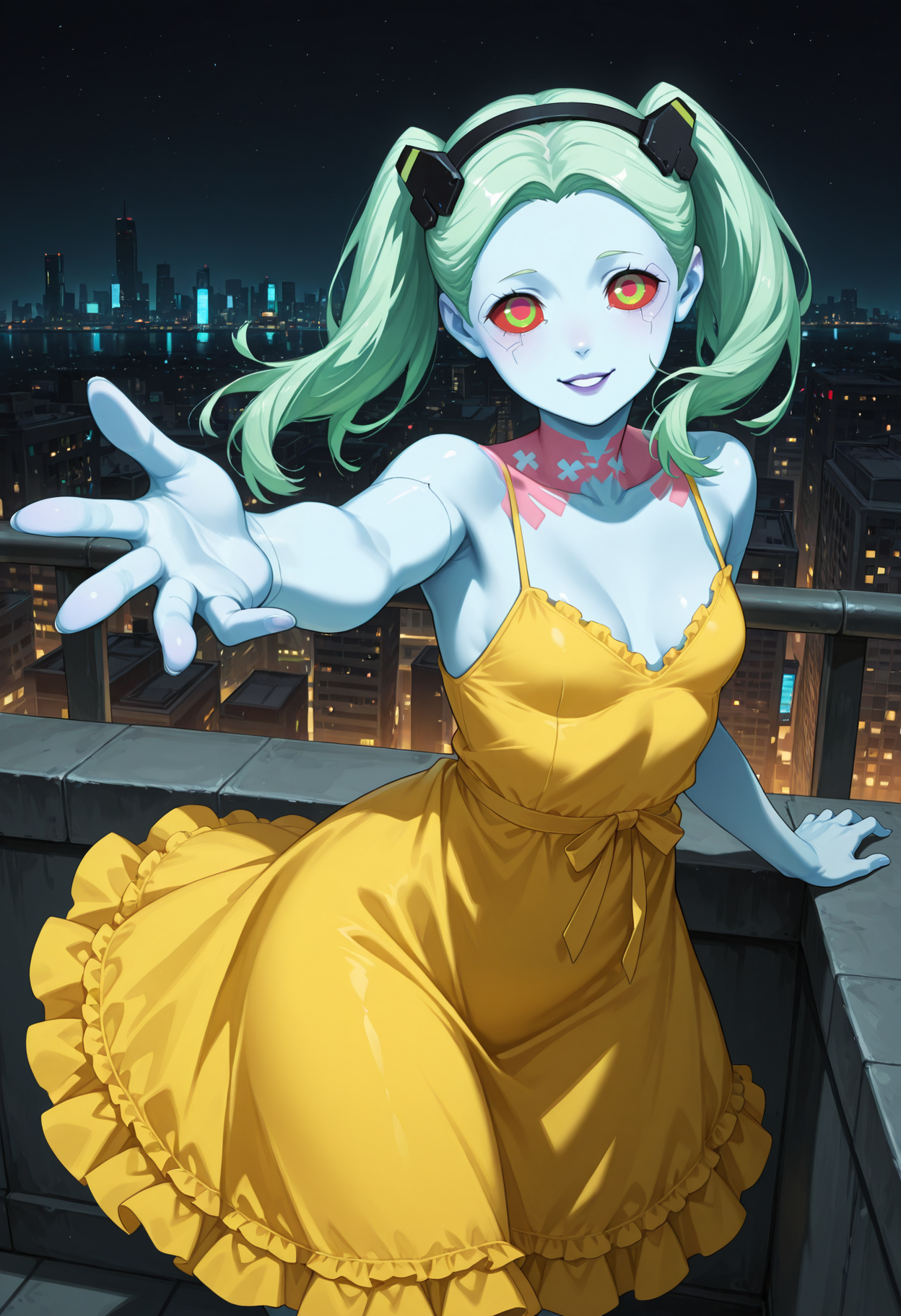 masterpiece, best quality, highres, absurdres, very awa, 1girl, solo, blue skin, twintails, parted bangs, forehead, green hair, purple lips, small breasts, colored sclera, red sclera, sundress, yellow dress, frilled dress, outdoors, rooftop, cityscape, building, beckoning, reaching towards viewer, cowboy shot, headgear, night, night sky, scenery, looking at viewer, city lights, parted lips, smile, masterpiece, best quality, highres, absurdres, very awa, 1girl, solo, blue skin, twintails, parted bangs, forehead, green hair, purple lips, small breasts, colored sclera, red sclera, sundress, yellow dress, frilled dress, outdoors, rooftop, cityscape, building, beckoning, reaching towards viewer, cowboy shot, headgear, night, night sky, scenery, looking at viewer, city lights, parted lips, smile, cyberpunk