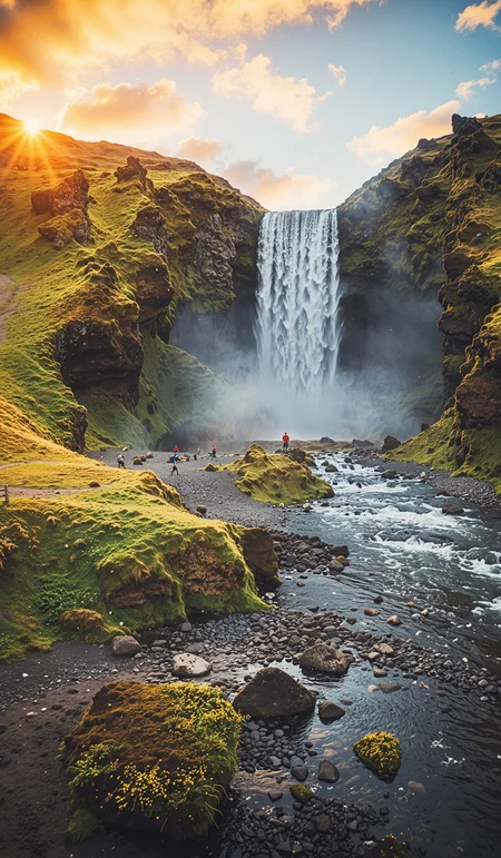 Dramatic summer sunrise on Skogafoss Waterfall. Fabulous morning landscape of Skoga river. Gorgeous outdoor scene of Iceland, Europe, split lighting, award-winning, selective focus. Dramatic unusual scene. Beauty world. Retro filter and vintage style. Instagram toning effect, breathtaking photograph, lensflare and bokeh effects, heavy film grain, shot on kodachrome with post-processing artifacts, reflecting particle effects, slight double exposure