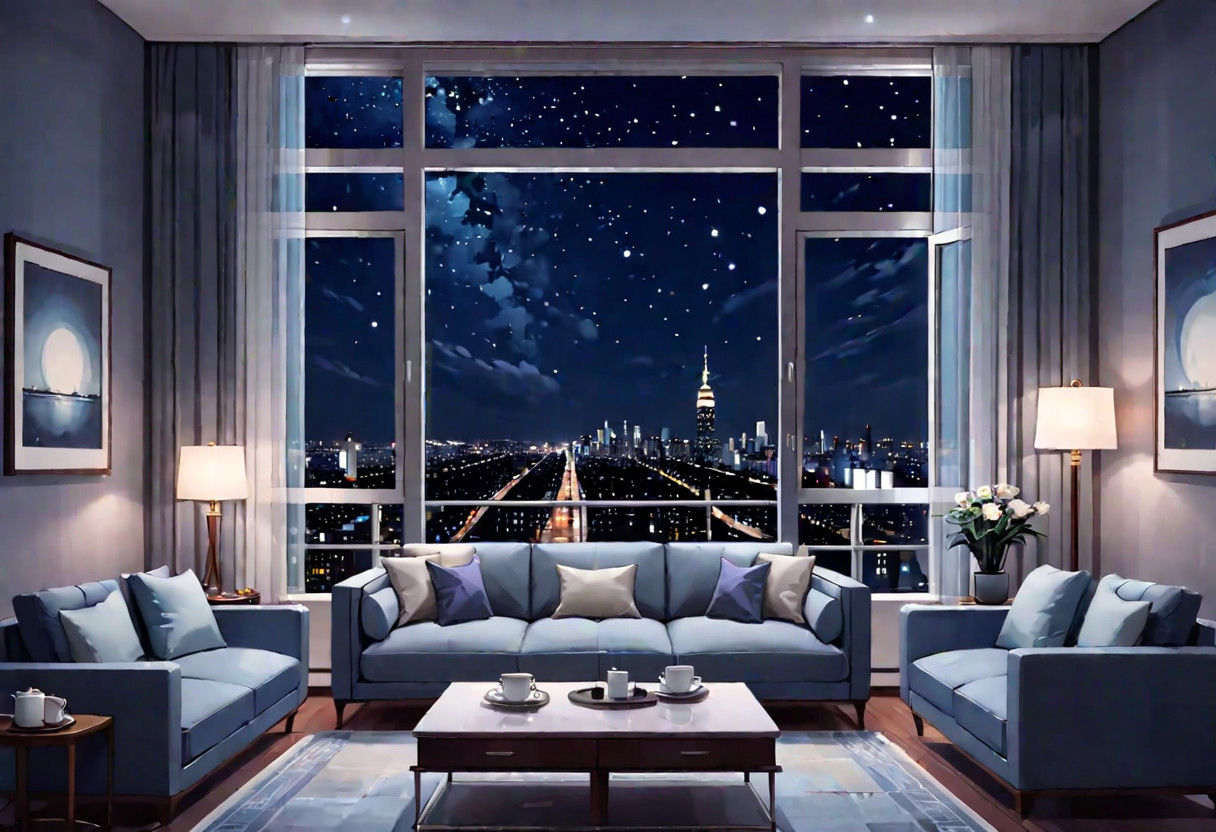 ((((front view)))), Shallow scene, ((animation style)), (((City high-rise building scenery))), ((((City scenery outside the window)))), ((sense of mystery)), (night), starry sky, moonlight, (weak light), (Facing the window), (open window), modern-style interior,  ((((sofa and coffee table by the window sill)))), Wooden floor, with white walls, (large windows), carpet, a living room, (((Sofa placed horizontally))), (Behind the sofa is the window sill),