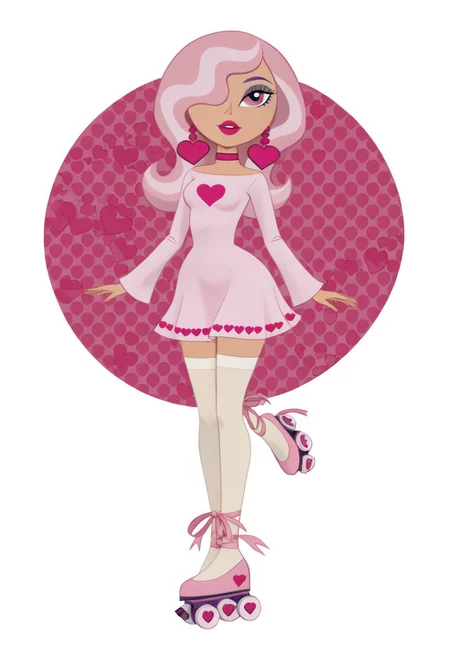 score_9, score_8_up, score_8_up, btimmsketch, (cowboy shot:1.1),
1girl, venusmwatgg, solo, on model, accurate art style, cartoon screencap, show accurate, pink hair, hair covering one eye, purple eyes, purple eyeshadow, hot pink lipstick, heart earrings, hot pink choker, pink dress, long sleeves, pink leg ribbons, white stockings, pink roller skates,
sexy pose, halftone effect, white borders, abstract background:1.2