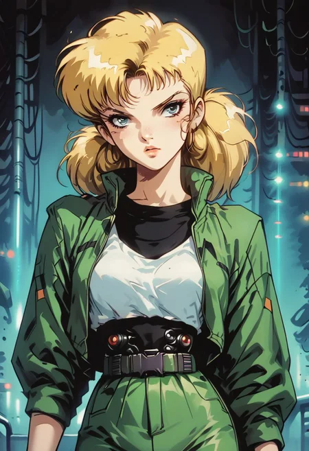 score_9, score_8_up, score_7_up, score_6_up, score_5_up, score_4_up, source_manga, rating_questionable, 1girl, penny \(inspector gadget\), human, cyberpunk, punk, breasts, undercut, blonde hair, pigtails, blue eyes,
shirt, stripe, green pants, cowboy shot, night, neon, vaporwave, retro artstyle, tv still, halftone effect, knva,1990s \(style\), Vintage,