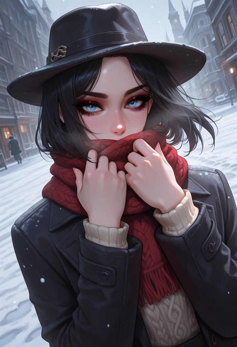 masterpiece, best quality, amazing quality, very aesthetic, absurdres, newest, dynamic angle, 1girl, ccserana,black hair,medium hair,blue eyes,mascara, noir ambience, fedora hat, fleece shirt,long coat, knitted scarf, looks at viewer, hands on scarf, scarf covering mouth, look from under the brows, wind effect, blizzard, close up, dutch angle, intricate background, complex environment, criminal city, Sin City, winter, snow, noir ambience, dark theme, thriller vibe, matte palette