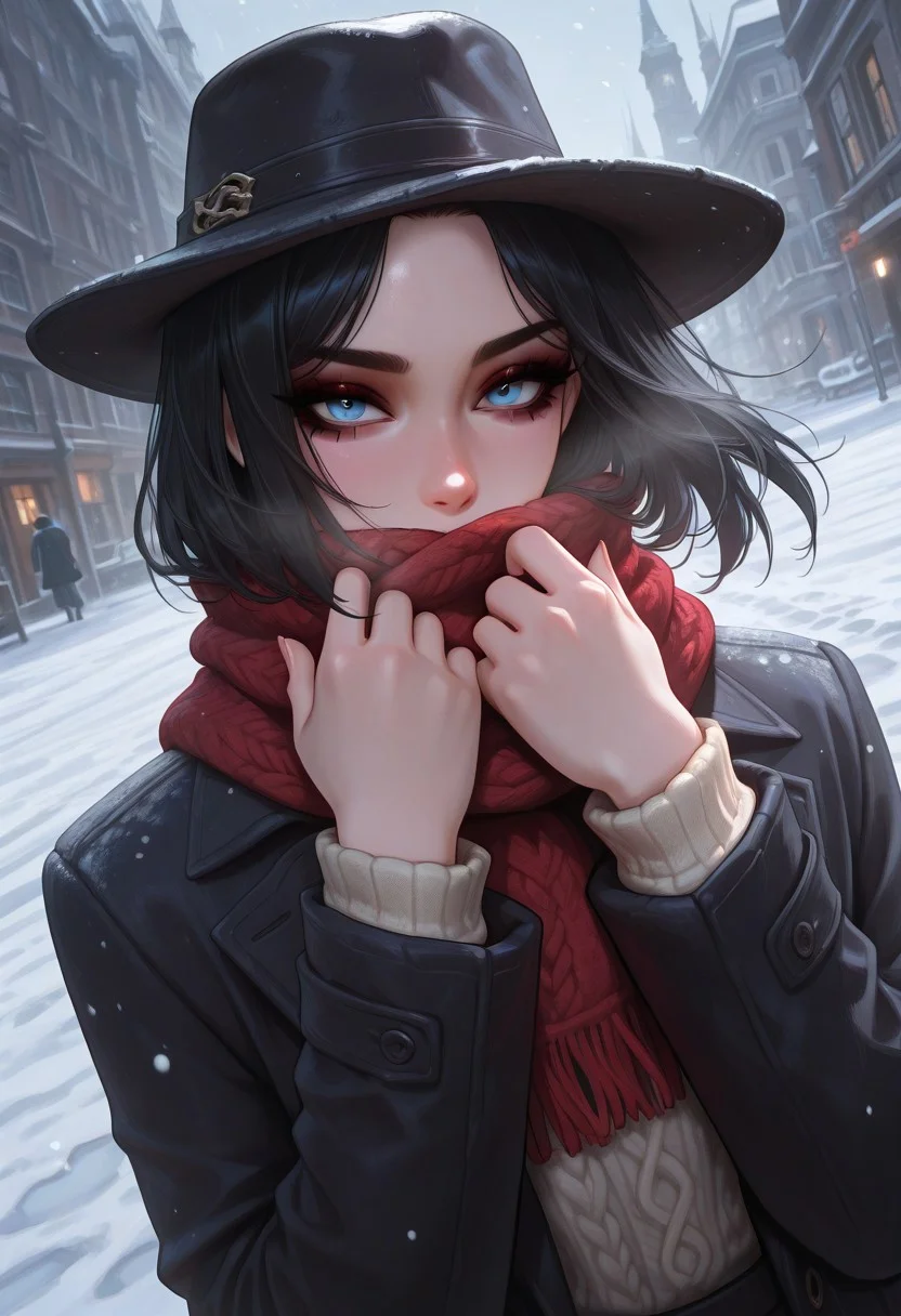 masterpiece, best quality, amazing quality, very aesthetic, absurdres, newest, dynamic angle, 1girl, ccserana,black hair,medium hair,blue eyes,mascara, noir ambience, fedora hat, fleece shirt,long coat, knitted scarf, looks at viewer, hands on scarf, scarf covering mouth, look from under the brows, wind effect, blizzard, close up, dutch angle, intricate background, complex environment, criminal city, Sin City, winter, snow, noir ambience, dark theme, thriller vibe, matte palette