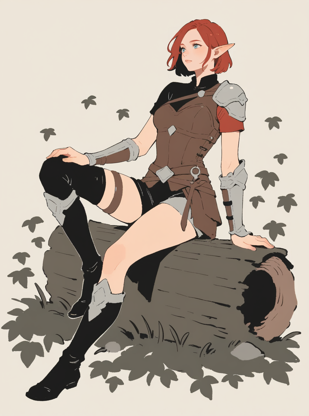 sref114579878, beautiful elf ranger girl sitting on wooden log in the woods, full body, leather armor, short red hair, leafs particles, legwear, boots, short sleeves, bracers, asymmetrical clothes, solo  <lora:sxz-sref114579878:0.8>
