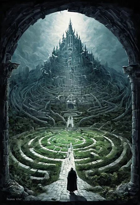 castle , A traveler contemplates a gigantic labyrinth made up of dozens of white, grass, medical towers.  labyrinth , evil villain ,darkness, fog, easter eggs, opposites