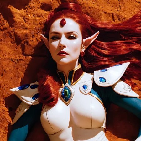 <lora:aeldari_xl_5:1> aeldari, asuryani, aeldari's armor, banshee, 1girl, solo, long hair, red hair, lying, pointy ears, lips, facial mark