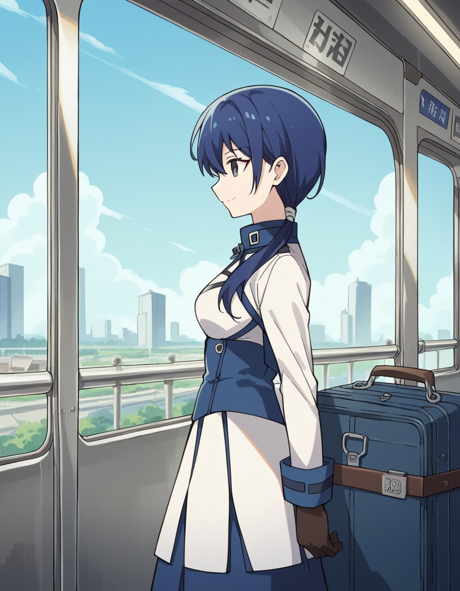 score_9, score_8_up, score_7_up, source_anime, <lora:grimgar-merry-s1-ponyxl-lora-nochekaiser:1>, merry, short hair, blue hair, black eyes, ponytail, low ponytail, side locks, medium breasts, gloves, pantyhose, uniform, long sleeves, white uniform, blue uniform,, train station, waiting for train, suitcase, traveling, commute, city skyline, hands behind back,, smile, , from side, solo,, cowboy shot, dutch angle