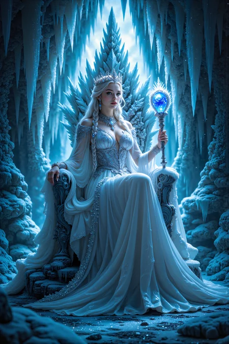 A hyper-realistic portrait, photorealistic photo close-up image of Inside a cavernous, ice-covered fortress, a queen with pale, frost-kissed skin and eyes like frozen sapphires sits upon a throne made entirely of jagged ice crystals. Her long, flowing gown, woven from threads of shimmering silver and snow, cascades down the steps of the throne, pooling on the frost-covered floor like liquid starlight. Around her, towering columns of ice rise up to the vaulted ceiling, where massive icicles hang like frozen chandeliers, catching the faint light that filters through cracks in the icy walls. The air is cold and crisp, filled with the soft whisper of the wind as it howls through the narrow passageways of the fortress. In her hand, she holds a delicate, crystalline scepter that pulses with a faint, blue glow, its surface etched with intricate frost patterns that seem to shift and change with each breath she takes. The ground beneath her throne is covered in a thin layer of frost, and the faint sound of cracking ice echoes through the chamber as the temperature drops ever lower. Outside, the endless expanse of frozen tundra stretches out beneath a sky filled with shimmering, pale blue auroras that dance across the horizon. The queenâs gaze is distant, cold, and unyielding, as though she is contemplating the frozen eternity that surrounds her. (photography, high-resolution, dynamic, energetic,hyper-realistic, dramatic lighting, shallow depth of field.), detailmaximizer, MythP0rt<lora:midjourney_whisper_flux_lora_v01:0.55><lora:aidmaMJ6.1-FLUX-V0.1:0.4><lora:FluxMythP0rtr4itStyle:0.4><lora:detailed_flux_ntc:2.2><lora:aidmaImageUpgrader-FLUX-V0.1:0.65>