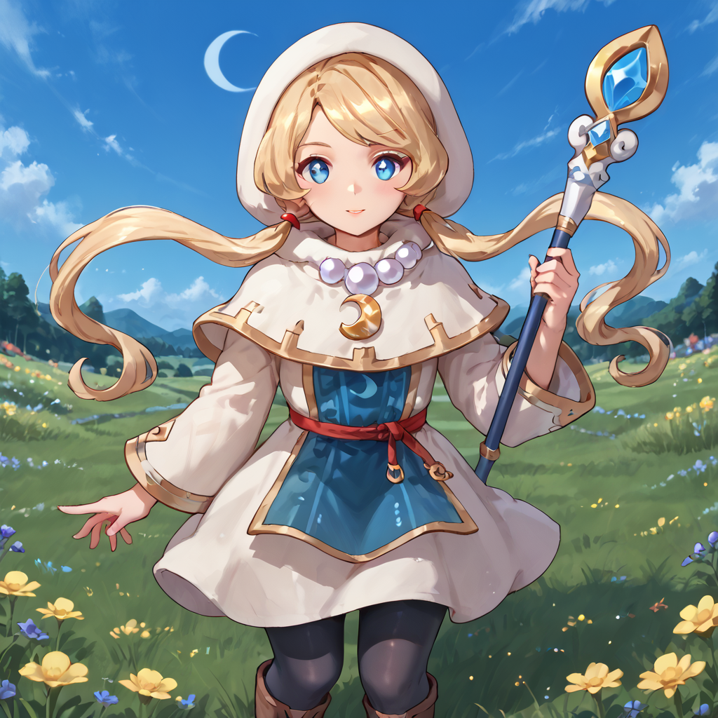 outdoors, field, day, <lora:Yuelia_-_Fantasy_Life:.8> score_9, score_8_up, score_7_up, score_6_up, yuelia, Fantasy Life, , 1girl, solo, long hair, blonde hair, low twin tails, blue eyes, (((diamond iris))), diamond eyes, white outfit, white and gold capelet, pearl necklace, crescent moon medallion, hood, hood down, white robe, long sleeves, bell sleeves, gold trim, blue tabard, red cincture, black tights, brown boots, full body, holding staff, luna plana, dynamic pose, (((standing))),