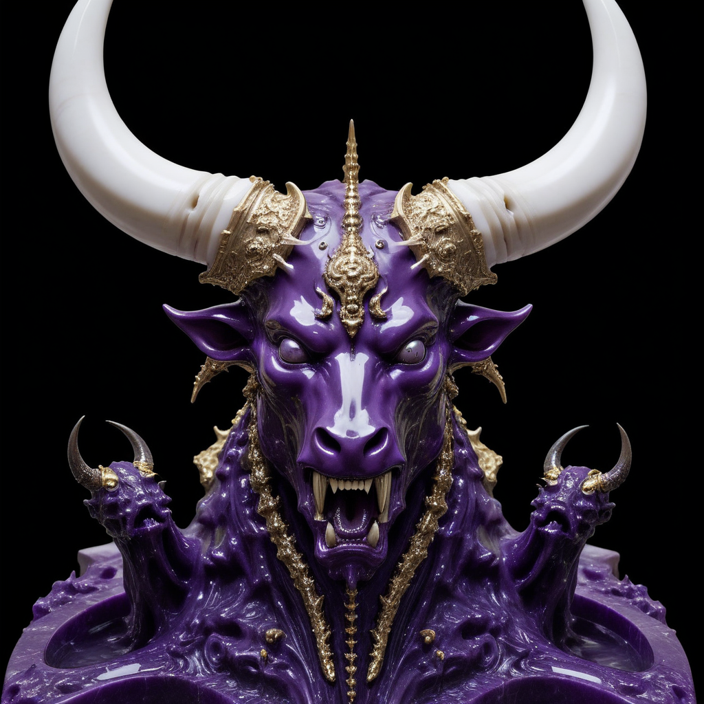 <lora:Chaos_Warfleet_-_Warhammer_40000_SDXL:1>chaoswarfleet, purple battleship,space,warp,distortion,nightmare,mirrors,curved blades,grace,elegance,marble statues,black long tongues,pincers,Ñheers,horns,hooves,insect eyes,columns,screaming faces,white bull head,onyx,decorations,silver,gold,engraving,