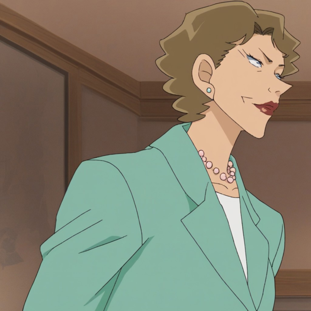 score_9, score_8_up, score_8, score_7_up, score_7, (best quality), Source_cartoon, anime coloring, 1girl, mature female, older woman, solo, Waltz Hohoemi, brown hair, short hair, mature woman, lipstick, makeup, formal, green suit jacket, green pencil skirt, blue heels, earrings, pearl necklace,1girl, living room