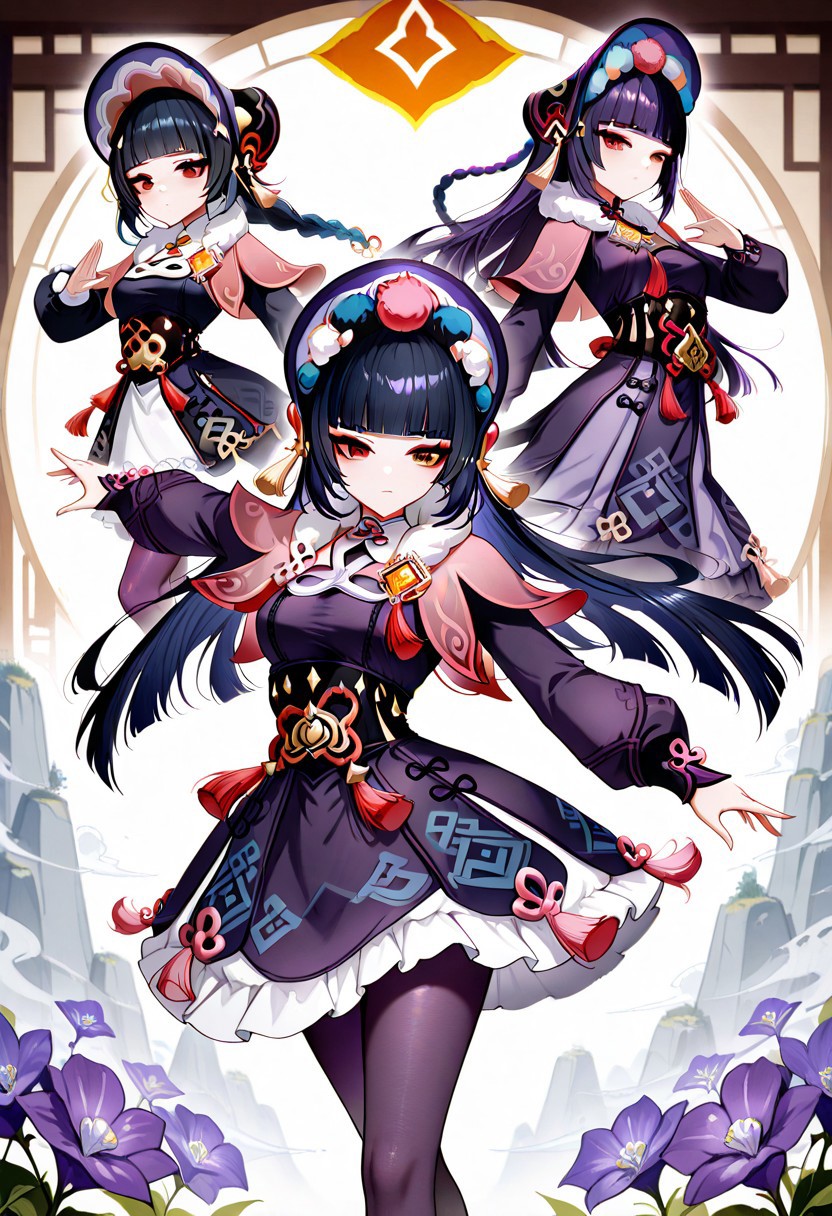 GSYunJin, long hair, breasts, black hair, hair ornament, red eyes, medium breasts, blue hair, braid, purple hair, multicolored hair, blunt bangs, twin braids, makeup, tassel, eyeshadow, hime cut, red eyeshadow,
long sleeves, dress, hat, pantyhose, frills, puffy sleeves, black dress, black pantyhose, fur trim, black headwear, capelet, frilled dress, multicolored clothes, puffy long sleeves, purple dress, pom pom (clothes), corset, fur collar, vision (genshin impact), purple headwear, bonnet, flower knot, purple pantyhose, black corset, pink capelet, multicolored headwear,
dynamic pose,