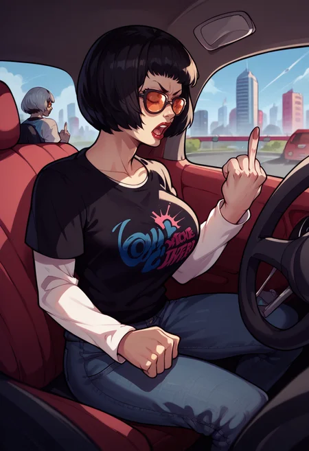 score_9, score_8_up, score_7_up, 1girl, driving, middle finger, shouting, hand on steering wheel, <lora:OhyaP5-pdxl:1> ohyaP5, short hair, bob cut, sunglasses, lipstick, black t-shirt, large breasts, clothes writing, layered sleeves, jeans, car interior, cityscape