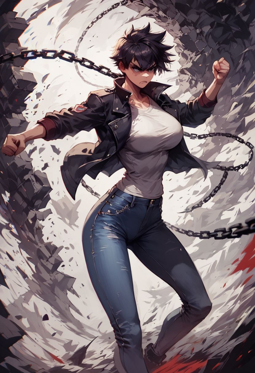 score_9, score_8_up, score_7_up, monochromatic ink, 1girl, determined, tomboy, black jacket, tight jeans, chain, fighting pose, dynamic background, slim, thin, large breasts, masterpiece, detailed face