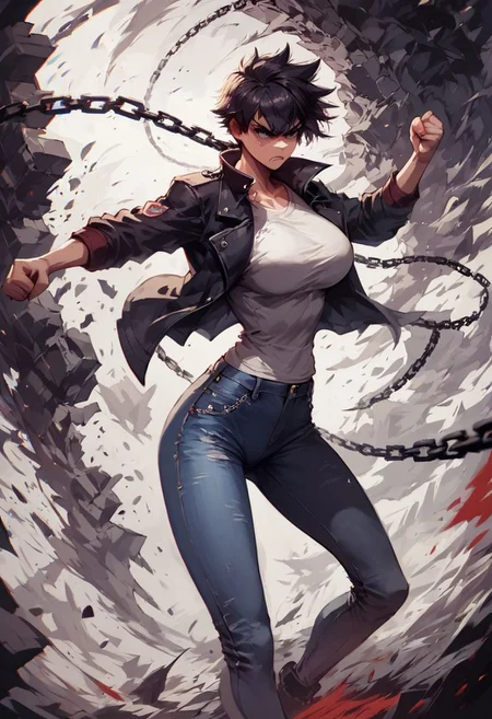 score_9, score_8_up, score_7_up, monochromatic ink, 1girl, determined, tomboy, black jacket, tight jeans, chain, fighting pose, dynamic background, slim, thin, large breasts, masterpiece, detailed face