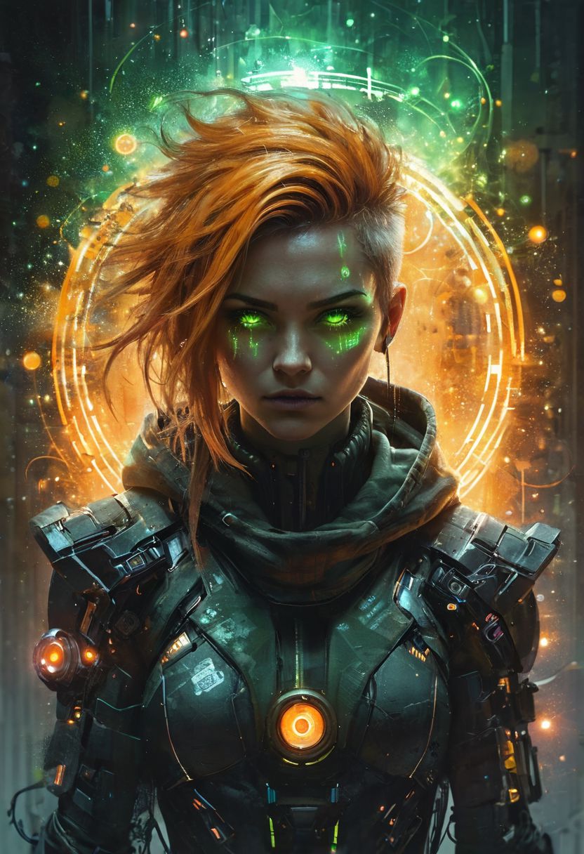 ((Cyberpunk female, futuristic shaman, full-body portrait, watercolor illustration, asymmetric hair, orange hair, green eyes, augmented cybernetic arms, canvas toga, canvas hood)), ((Spell rings, runic circles, mystical power, glowing particles, ais-darkpartz)), BadDream, OverallDetail, Bokeh blur, colorful, cp2077