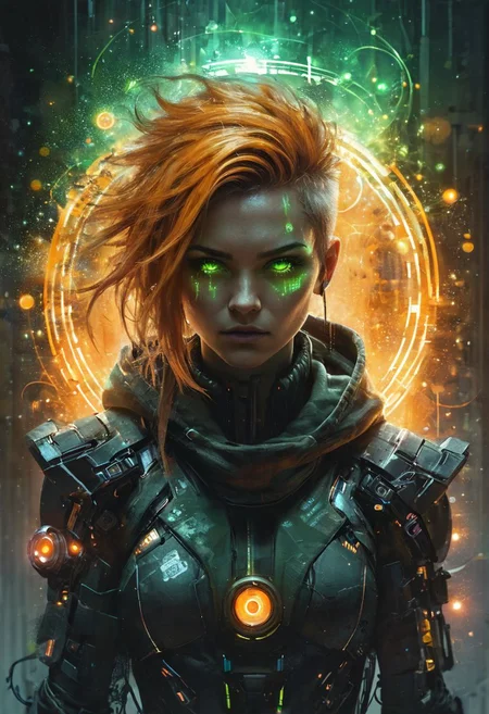 ((Cyberpunk female, futuristic shaman, full-body portrait, watercolor illustration, asymmetric hair, orange hair, green eyes, augmented cybernetic arms, canvas toga, canvas hood)), ((Spell rings, runic circles, mystical power, glowing particles, ais-darkpartz)), BadDream, OverallDetail, Bokeh blur, colorful, cp2077