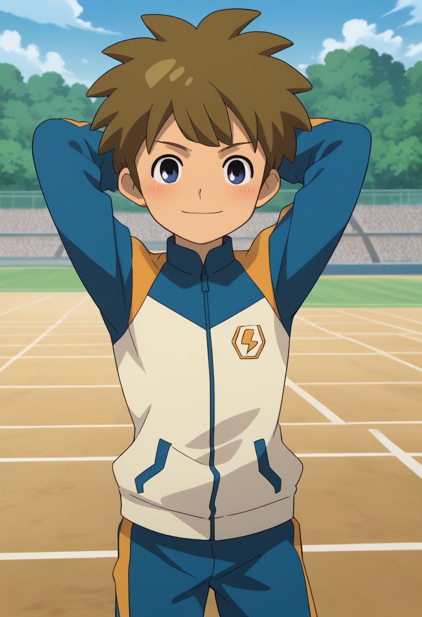 score_9, score_8_up, score_7_up, source_anime, highly detailed, slender, skinny, cute,
darren, male focus, 1boy, solo, brown hair, jacket, raimon, tracksuit, one hand behind head, embarassed, blush, smile,
outdoor, soccer field,