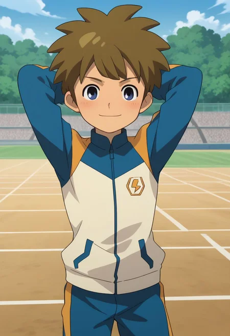score_9, score_8_up, score_7_up, source_anime, highly detailed, slender, skinny, cute,
darren, male focus, 1boy, solo, brown hair, jacket, raimon, tracksuit, one hand behind head, embarassed, blush, smile,
outdoor, soccer field,
