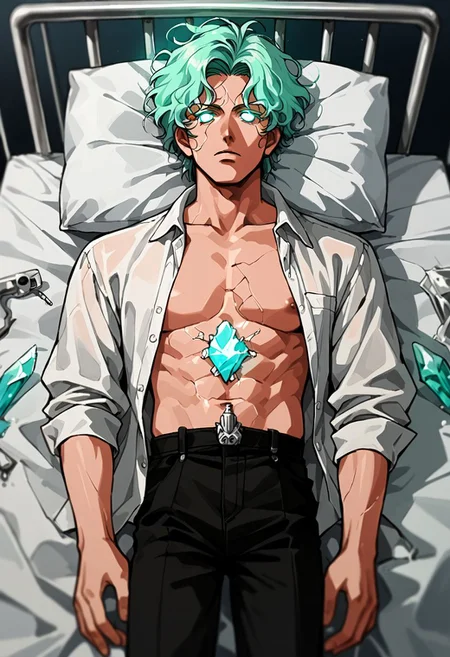score_9, score_8_up, score_7_up, source_anime, 1boy, mature male, shirtless, dark pants, on back, medical bed, hospital background, holding a crystal, glowing veins, cracks, glowing eyes, from above,
 scientific, research station, iridescent crystal, quartz, eerie glow, 90s4n1m3,
d3t41l3d, perfectly composed, depth of field, zPDXL2,