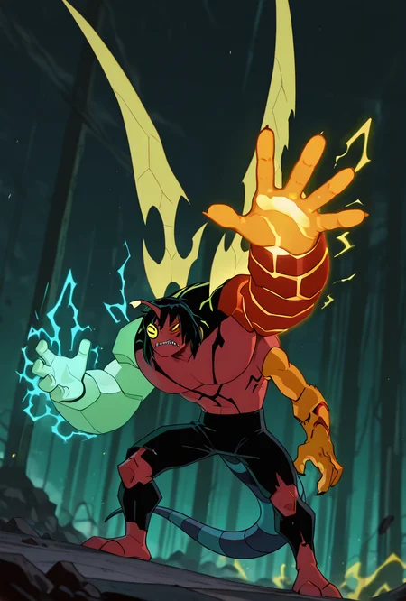 <lora:kev11-06:1> kevin11, solo, male focus, yellow eyes, black hair, red skin, horn, sharp teeth, lime wings, blue tail, 4arms, top hands left green arm, top hands right magma red arm with yellow cracks, bottom hands orange arms, 2 orange arms, big arms, dynamic pose, <lora:Crackling_Energy:1> cr4ckl3, geen electricity, yellow electricity, blue electricity, masterpiece, best quality, amazing quality, very aesthetic, absurdres, newest,