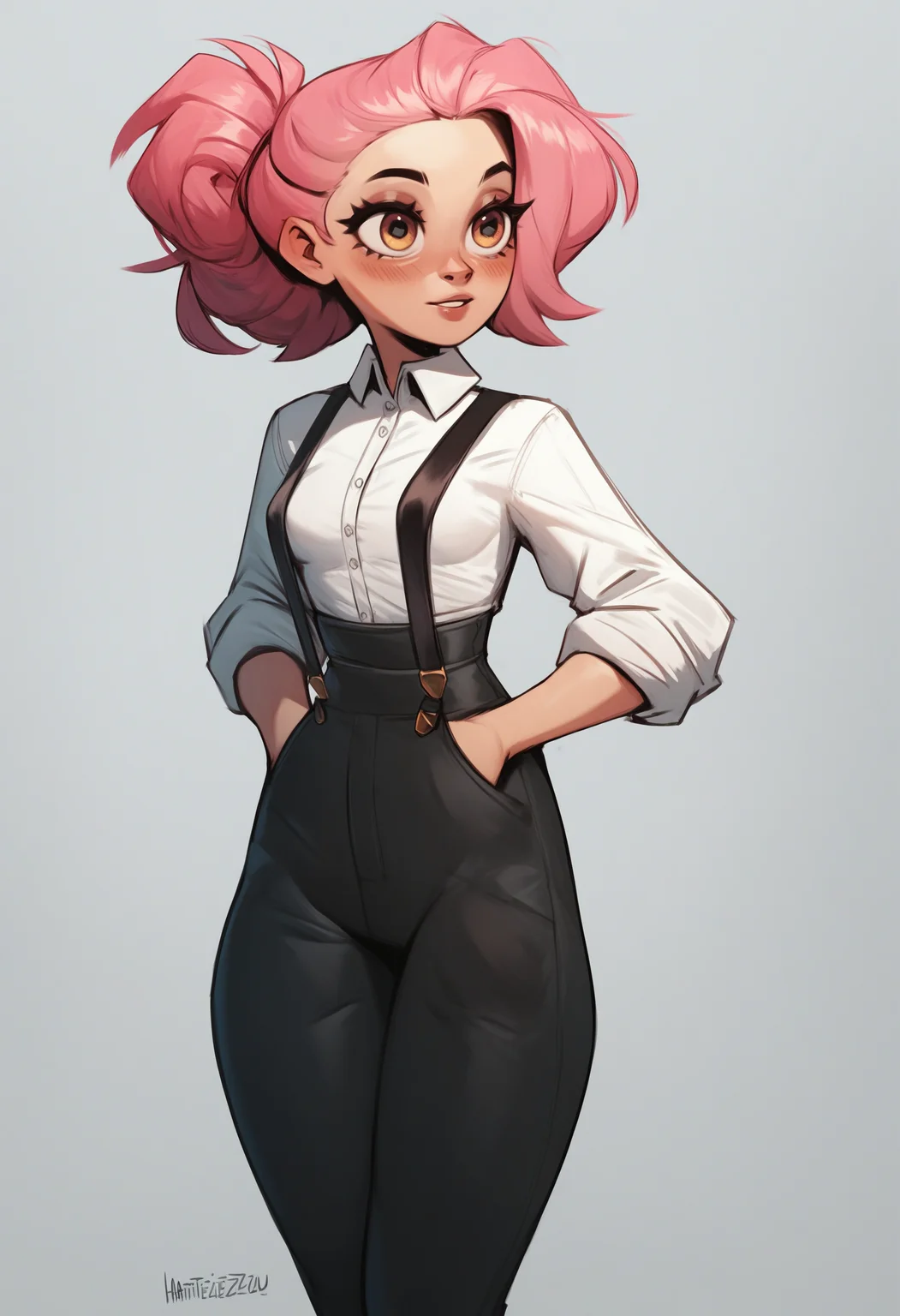 <lora:Zazu-a:1> hattiezazu, digital art, soft light, score_9, score_8_up, score_7_up, score_6_up, score_5_up, score_4_up, 1girl, solo, pink hair, white office shirt with suspenders, [small breast, slim waist,:0.2] high waist black pants, hands in pockets,