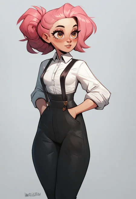 <lora:Zazu-a:1> hattiezazu, digital art, soft light, score_9, score_8_up, score_7_up, score_6_up, score_5_up, score_4_up, 1girl, solo, pink hair, white office shirt with suspenders, [small breast, slim waist,:0.2] high waist black pants, hands in pockets,