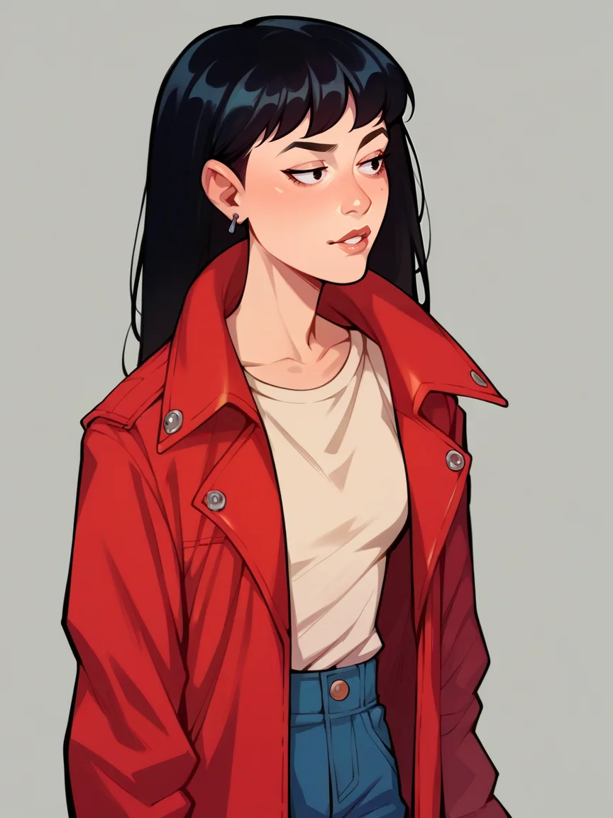 score_9, score_8_up, score_7_up, score_6_up, score_5_up, source_cartoon, <lora:DariaXLP:1> daria, 1girl, black hair, red jacket
