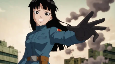 source_anime, score_9, score_8_up, score_7_up, anime screencap, absurdres,
future mai, official style, 1girl, solo, long hair, black hair, bangs, black eyes, eyelashes, military coat, blue coat, long sleeves, print sleeve, red star, star \(symbol\), black gloves, outstretched hand, cloudy sky, smoke, reaching towards viewer, city destruction, upper body, looking at viewer, outdoors, torn sleeve, open mouth, clenched teeth, worried <lora:ohmai_pony_v1:0.8>