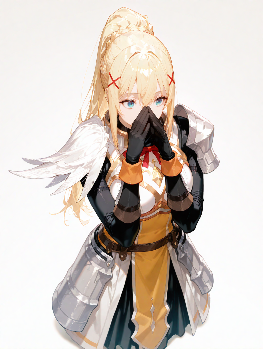 perfect quality,high quality,masterpiece,best quality,amazing quality,very aesthetic,absurdres,newest,
front view,full_shot,
DustinessCYQL,1girl,solo,blonde hair,long hair,ponytail,braid,hair between eyes,blue eyes,hair ornament,x hair ornament,armor,armored dress,shoulder armor,gloves,black gloves,breasts,dress,breastplate,
full body,standing,covering_face,,
lightgray background,simple background,
<lora:ponyv5_noobV065S_1_adamW-000013:0.7>,<lora:wl-illV1-000017:0.7>,<lora:zzziGnXL_il_lokr_V531:0.5>,<lora:USNR STYLE_XL_loha:0.45>,usnr,,<lora:lora-000004.by_tusi:1>,
