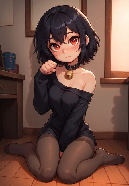 high detail, Smooth, sharp lines, score_9_up, score_8_up, uncensored, detailed, masterpiece, super cute style, 1girl, solo, looking at viewer, blush, short hair, bangs, shirt, black hair, red eyes, long sleeves, hair between eyes, sitting, closed mouth, collarbone, full body, pantyhose, hand up, off shoulder, collar, sleeves past wrists, black pantyhose, black shirt, bell, shadow, wariza, no shoes, neck bell, between legs, paw pose, hand between legs, black collar, indoors