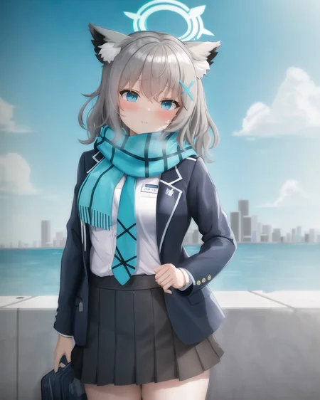 masterpiece,best quality,highres,8k,ba-shiroko,clouds,sunbeam,outdoors,city,white_shirt,blue_necktie,blue_jacket,halo,blue_archive,black_skirt