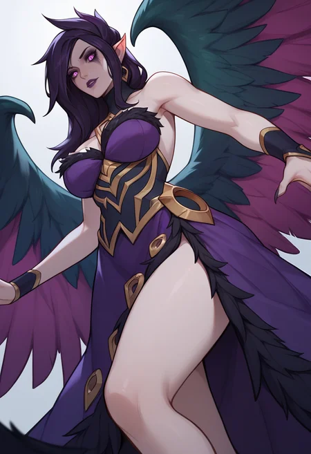 score_9, score_8_up, score_7_up, score_6_up, M0rg4n4, morgana, 1girl, purple eyes, pointy ears, makeup, purple lips, long hair, black hair, purple hair, dress, purple dress, strapless dress, bare shoulders, wings, feathered wings, black wings,
<lora:Morgana_Default_v1:0.8>, from below, looking at viewer,