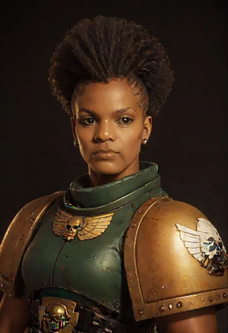 score_9,score_8_up,score_7_up, 1 woman, black woman, curly afro mohawk, 40 year old, minor detailed facial scarring, warhammer 40000, knva, halftone effect, retro artstyle, full battle armor, SpaceMarine1024, OverallDetail, raw photo realistic