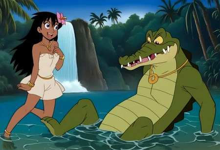 Tick tock crocodile,male animal focus,tail, crocodile open large mouth ,green skin, blue eyes, Tick Tock the crocodile is giant and very huge size,teeth, swimming in water,partially submerged,Tick Tock the crocodile looking at a young girl who she is sitting on rock cliff. Little_Girl_anime_manga,long hair, black hair, dark-skinned female,the girl her very smal size, purple eyes, et egyptian_clothe, chest_band,pink very long_tropical_dress, jewelry, dark skin, smile, necklace,hair flower, bracelet, anklet_grass, barefoot,open mouth,river,palm trees, jungle,temple, Disney, waterfall,anime, manga
