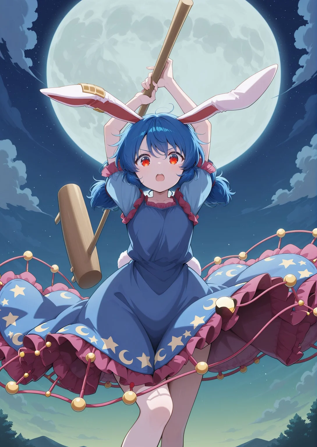 absurdres, highres, masterpiece, best quality, amazing quality, official anime artwork, screencap, anime screencap, full moon, standing, night, clouds, glowing eyes, open mouth, looking down, serious, 
<lora:Seiran_Illustrious:1> seiran, 1girl, solo, red eyes, blue hair, long hair, low twintails, rabbit ears, rabbit tail,, earclip, blue dress, short sleeves, crescent print, star print, holding mallet,