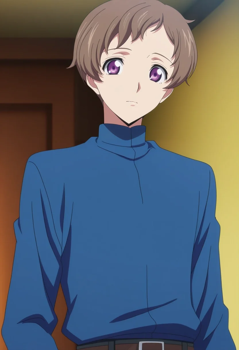 masterpiece, best quality, , anime screencap, , , looking at viewer, 1boy, solo, male focus, <lora:rolo_lamperouge_ilxl:0.94>, rolo_lamperouge, brown hair, purple eyes, short hair, aged up, , ,