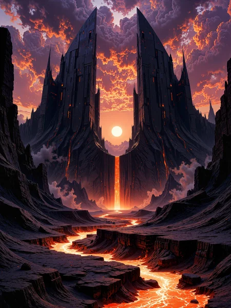 famous artwork, dramatic and epic landscape at night, hyper-realistic, highly aesthetic, ultra-high-resolution, 8k, 4k, dim lighting, symmetry, high fantasy cinematic realism with sci-fi elements, a surreal and alien volcanic landscape at sunset, dominated by two colossal, jagged black spires that rise symmetrically from the earth like obsidian monoliths, flanking a narrow valley that glows with searing molten lava, the foreground is composed of dark volcanic rock, cracked and uneven, reflecting the orange heat of the lava, while distant cliffs and shattered terrain frame the horizon, the sky above is ablaze with swirling purple and burnt orange clouds as the setting sun casts long shadows and bathes the world in warm, dying light, a brilliant stream of lava flows like a waterfall through the center between the spires, its vivid glow cutting through the cooler tones of the rocky terrain, the surrounding rocks shimmer with residual heat, their textures sharp and weathered, no visible characters, the focus is on the vast, awe-inspiring grandeur of the terrain and the alien symmetry of the twin peaks, evoking a sense of ancient ritual or forgotten power, shot from a wide, low-angle perspective to emphasize the monumental scale and dramatic geometry of the spires, the molten flow leads the viewerâs eye into the center of the frame, enhancing the feeling of depth and scale, cinematic directional lighting from the setting sun creates stark contrasts and brilliant lens flares, emphasizing the heat shimmer and the high-detail surface of the volcanic stone, shot on large-format digital with cinematic color grading and shallow depth of field, subtle atmospheric haze and heat distortion effects, high dynamic range capture for vivid sunset tones and lava illumination, ovg, artilands02, <lora:style-dark_landscapes-flux-by_andreac75:0.56> <lora:style-fantastic_landscapes-v2-flux-by_artifyai:0.76>