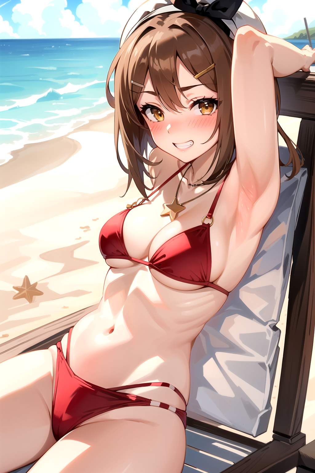 Ryza,  1girl,  brown_eyes,  short_hair,  brown_hair,  hairclip,  (yellow_hairclip),  white_headwear,  bangs,  medium_breasts,  black_ribbon,  star_necklace,  red_bikini,  beach,  armpits,  (seductive_grin),  ((blush))