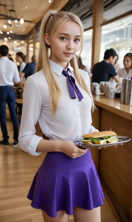 Serxyz food, (slim 25yo girl) with a tray in crowded restaurant. The girl wears a short purple skirt and white blouse. The girl has long blonde[hair|ponytail} <lora:Serving:1>