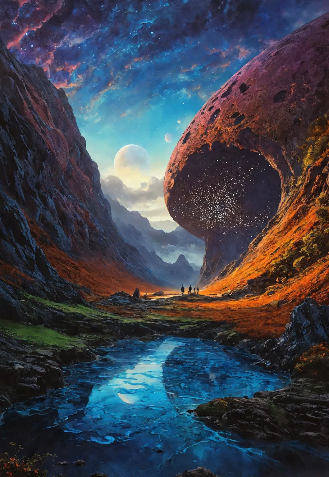 DB4RZ style painting dark art by Patrick McHale and Stephen Darbishire, Surreal cosmic scene, giant teardrop shaped planetary structure split open revealing colorful galaxy inside, small human figure for scale, barren alien landscape background, cosmic clouds in space above, vibrant colors transitioning from cool blues to warm oranges and pinks, highly detailed stellar formations, Streams of pure cobalt blue electron flow perfect one-dimensional channels of quantum conductivity, Perforated corten steel, polished micro-topping, and reclaimed chestnut,, Over the Garden Wall, dark fantasy, atmospheric storytelling, British landscape painting, Lake District scenes, atmospheric and moody landscapes
(8k uhd:1,4)
<lora:add-detail-xl:1>
<lora:Dynamic Poses:1>