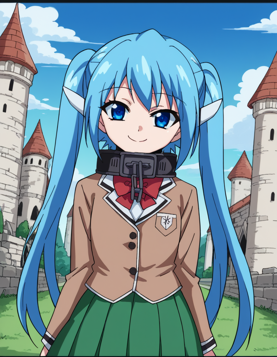 score_9, score_8_up, score_7_up, source_anime, <lora:otoshimono-nymph-s2-ponyxl-lora-nochekaiser:1>, nymph, long hair, blue eyes, twintails, blue hair, collar, chain,, school uniform, skirt, green skirt, pleated skirt, red bowtie, blazer, brown blazer,, castle, stone, towers, medieval, royalty, smile, <lora:seductive-smile-ponyxl-lora-nochekaiser:1>, seductive smile, come hither, naughty face,, looking at viewer, solo,, dutch angle, cowboy shot